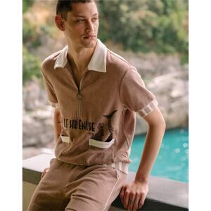 Nwot LE SIRENUSE TOMBOLO Top M Terry Graphic Mermaid”Cabana”Beige Pocket Short-S